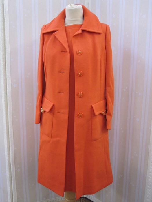 Tricosa crimplene orange suit with matching shift dress 1960's/70's, a cashmere coat labelled