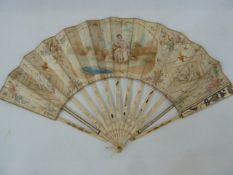 A 19th century bone and paper painted fan, the central cartouche decorated with figures fishing,