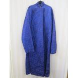 Chinese blue padded silk robe, with small ball metal fastenings, faced with turquoise, and a pair of