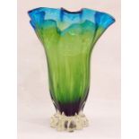 Murano-type handkerchief vase with blue rim, green body, clear base, 28.5cm