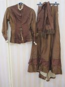 Victorian walking outfit comprising fitted top and skirt, buttoned front, fitted waist,, a sash ,had