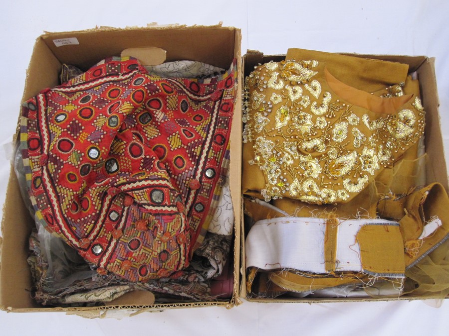 Assorted tapestry furnishing materials, an Eastern-style mirrored headdress, a part made 1950's