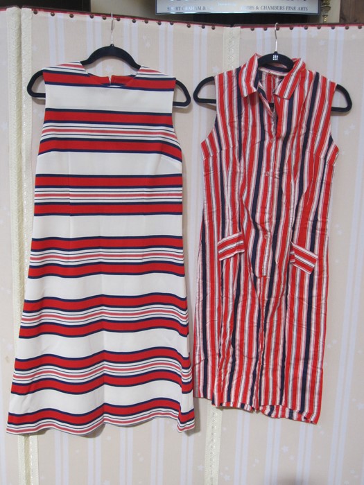 A blue red and white striped sleeveless shirt dress, a white blue and red horizontal stripe dress