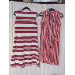 A blue red and white striped sleeveless shirt dress, a white blue and red horizontal stripe dress