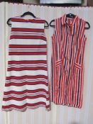 A blue red and white striped sleeveless shirt dress, a white blue and red horizontal stripe dress