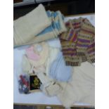 Cream embroidered baby/christening shawl, another shawl, a knitted blue blanket, matinee jackets,
