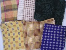 Large multi-coloured check tablecloth and other vintage tablecloths (1 box)