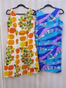 1960's bright sundress in printed with apples and leaves and fruit, A-line, an orange printed coat