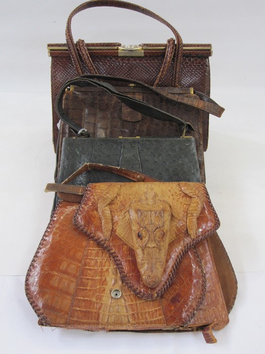 Vintage crocodile handbag with fixed-frame and gilt metal mounts and a matching purse, a vintage