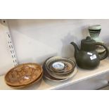 A Claycraft teapot, a Carltonware dish, a studio pottery dish, a vase and other ceramics