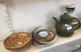 A Claycraft teapot, a Carltonware dish, a studio pottery dish, a vase and other ceramics