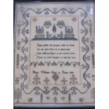 Sampler by Mary Williams, aged 13 years, 1846, 39cm x 31cm, framed and another simple cross-stitch