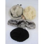 Blonde mink hat with a satin bow labelled 'Mitzi Lorenz', a grey mink hat also labelled '