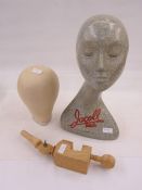 1960's Jacoll Hat display model, 42cm high, a milliner's head, bound in canvas with wooden clamp and