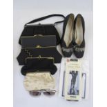 Pair of vintage black fabric evening shoes with silver bugle bead decorations, various evening bags,