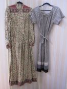 English lady's sleeved long floral dress, a long shirt dress, another, long maxi-style dresses, a