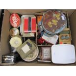 Large quantity of vintage buttons in various vintage tins, sewing accessories, needlework items,