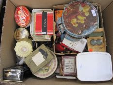 Large quantity of vintage buttons in various vintage tins, sewing accessories, needlework items,