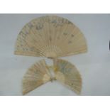 A bone and painted gauze fan, floral and bird decorated, (damaged), 35cm, a bone and painted fan,