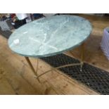 20th century coffee table, circular green marble top on stretchered brass base ( 70cms diam.)