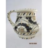 Charlotte Rhead Pottery Mug, Tudor Rose pattern in black and gold with moulded neck and tapering