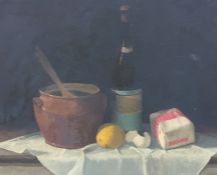 20th century school Oil on board Still life study of wine, lemons, eggs, flour, pot and wooden