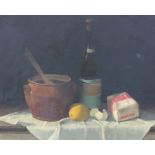 20th century school Oil on board Still life study of wine, lemons, eggs, flour, pot and wooden