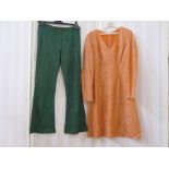 1960's HIan Rodin, London W1 green lurex bell bottom trousers, an orange lurex shift dress, 1960'