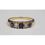 18ct gold, sapphire and diamond five-stone ring set two old cut diamonds and three sapphires, 2.9g