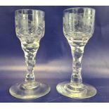 Pair of  late 19th Century/ early 20th Century clear glass wines with etched decoration of bird