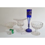 Royal Brierley cut glass tazza, approx 17cm high, a Bohemian-style blue cased and cut glass vase