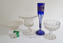 Royal Brierley cut glass tazza, approx 17cm high, a Bohemian-style blue cased and cut glass vase