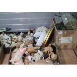 Large collection of ceramic wood, resin, etc pigs, a collection of display boxes, two mirrors with