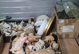 Large collection of ceramic wood, resin, etc pigs, a collection of display boxes, two mirrors with