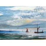 J G Kemp-Luck Watercolour Boats off shore, signed lower left  Black and white etching  Bar Gate,