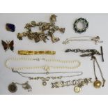 Silver charm bracelet, costume rings, silver chains, beaded necklaces, brooches in a jewellery box