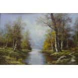 Continental school Oil on board Wooded river scene, indistinctly signed lower right and two
