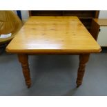 Late 19th century pine extending dining table, rectangular top with moulded edge and canted