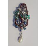 Silver pixie brooch/pendant set with pearl and rubies, inlaid with coloured enamel