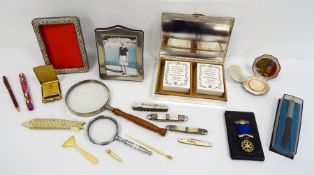 Various collectable items to include cigarette box, magnifying glass, photo frame, pens, etc