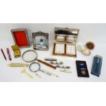 Various collectable items to include cigarette box, magnifying glass, photo frame, pens, etc