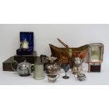 Quantity of plated ware to include teapot, trophy cups, candlesticks, a copper coal scuttle, an