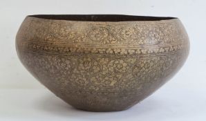 Large Middle Eastern/Indian niello brass bowl, the exterior decorated with bands of scrolling