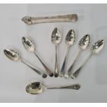 Set of six Georgian silver bright cut teaspoons, Newcastle assay and matching pair of sugar nips