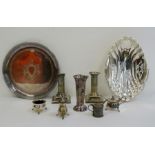 Pair of plated candlesticks, an oval pierced dish, a trumpet-shaped vase, etc (1 box)