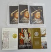 Four uncirculated commemorative Henry VIII £5 coins