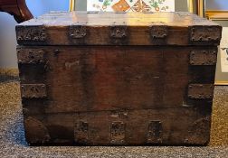 19th century trunk with iron bindings, plaque marked 'W.H.Corbett.Esq: Medical Staff', 53cm x 36cm