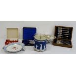 Canteen of fish eaters, cased plated ware, a Wedgwood blue jasperware barrel with silver-plated