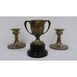 Pair of 1920's silver-mounted squat candlestick holders, Birmingham, makers J&C and a two-handled