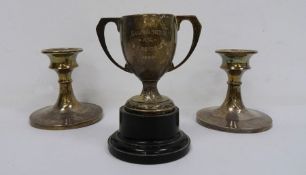 Pair of 1920's silver-mounted squat candlestick holders, Birmingham, makers J&C and a two-handled